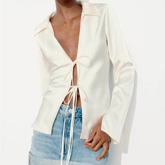 Zara Ivory Lace-Up Satin Blouse NWT Size Large - Picture 4 of 6